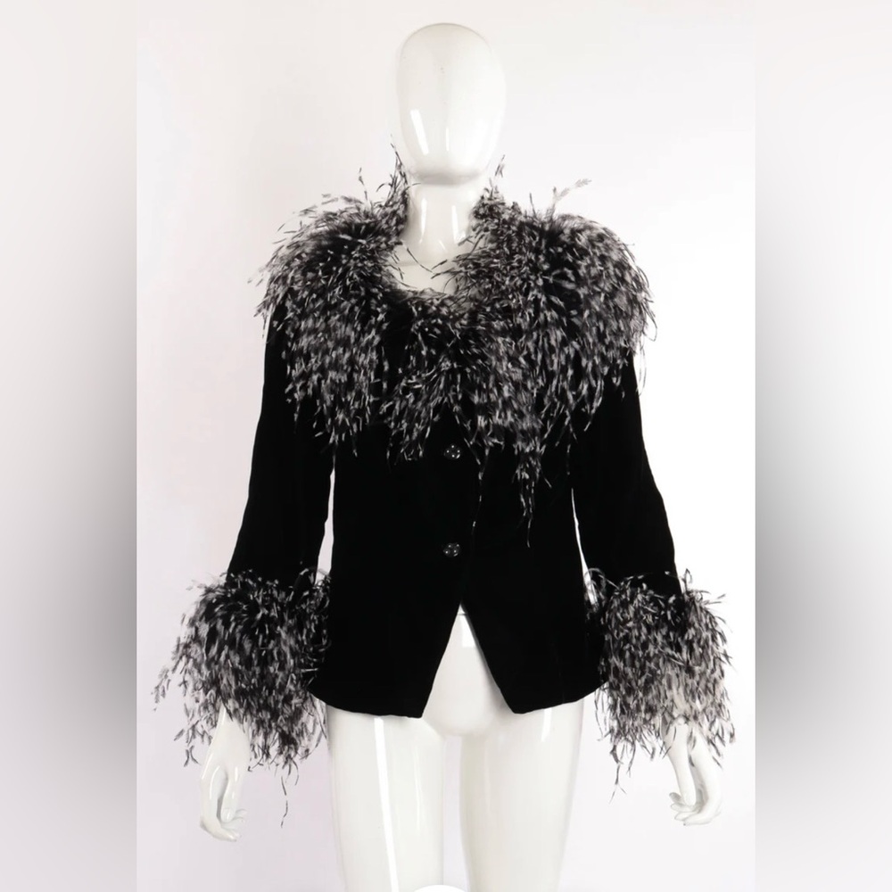 Bob Mackie Black Velvet Jacket with Ostrich Feather Trim - Picture 2 of 6